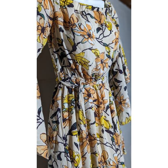 Essue Floral Print Dress Bell Sleeve Off Shoulder Tie Waist Mini Dress Small - Picture 4 of 8